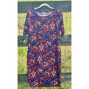 LuLaRoe Julia Dress XL Purple Orange Blue Geometric Tribal Print Short Sleeve
